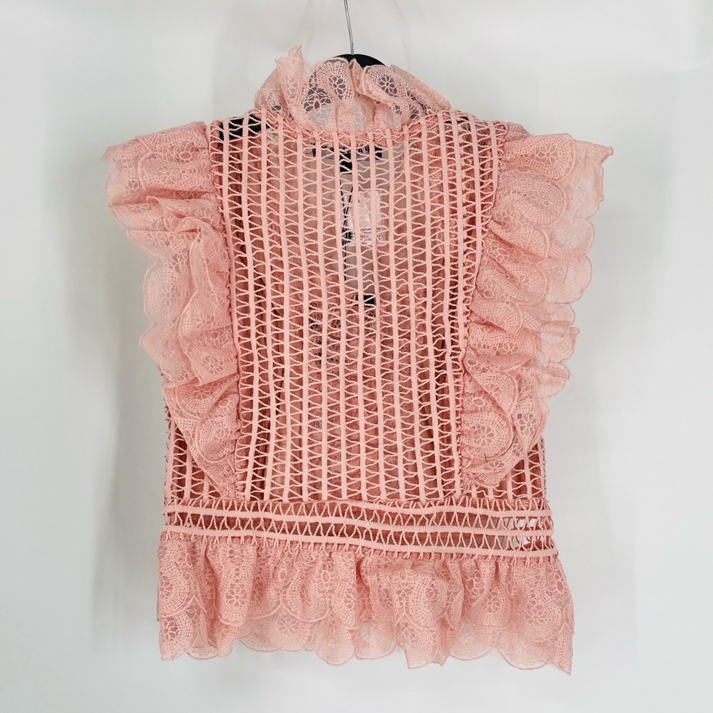 Pink Crochet Lace Sleeveless V-Neck Ruffle Peplum Top Blouse - Picture 12 of 12